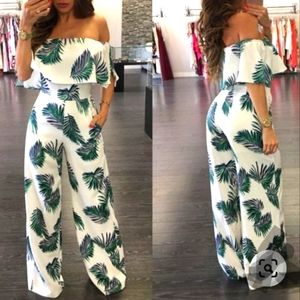 Floral Casual Wide Leg Jumpsuit Leaf Print Backless SMALL N.W.T. SUMMER